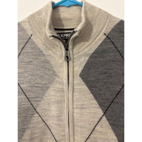 Express Mens Argyle Full Zip‎ Cardigan Sweater Size Large Gray and Beige - Picture 3 of 9
